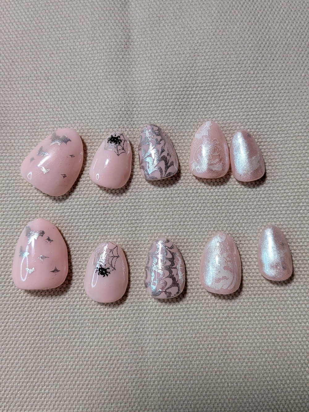 Soft Pink Pearl Press-On Nails Set with Silver Accents Halloween